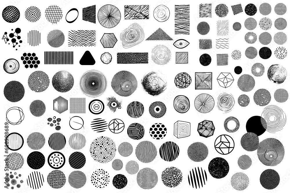 Big set of grungy abstract black shapes hand drawn textures. Lines, circles, triangles. Hand drawn elements for your graphic design - obrazy, fototapety, plakaty 