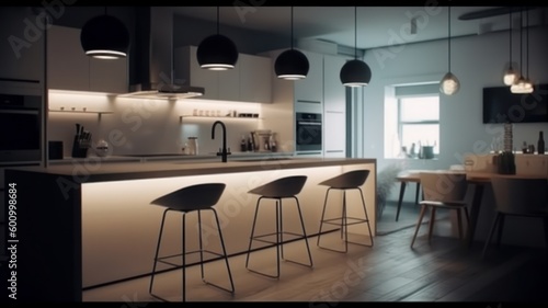 Large modern kitchen with bart, chairs, marble elements, designer lighting, minimalist style. Generative AI