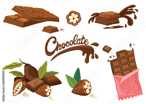 Chocolate Set. Chocolate bar, handwritten text, cocoa beans. World Chocolate Day. Perfect for poster, postcard, label, sticker, logo.  Vector illustration Isolated on white background. 