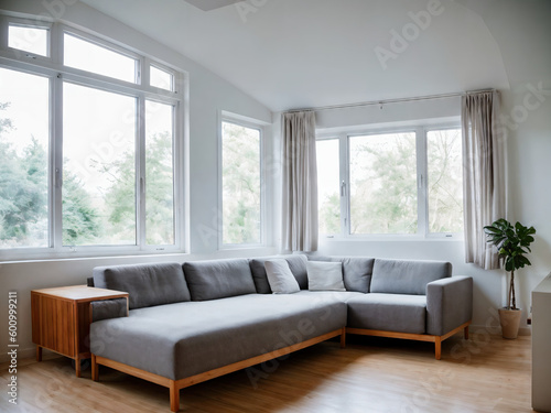 Modern penthouse apartment with big windows and couch, minimalistic, in city © Chris