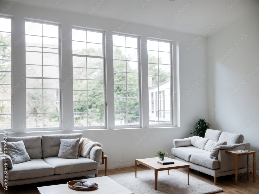 Fototapeta premium Modern penthouse apartment with big windows and couch, minimalistic, in city