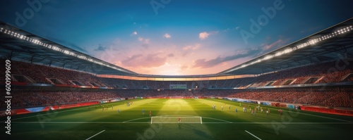 Soccer or Football stadium with green field background. Generative AI