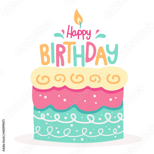 birthday cake cartoon drawing  colorful bakery illustration on white background.