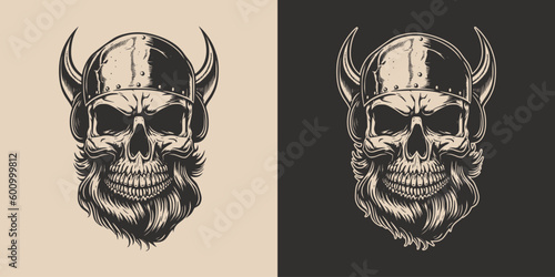 Set of vintage retro scary skull. Can be used like emblem, logo, badge, label. mark, poster or print. Monochrome Graphic Art. Vector. Hand drawn element in engraving