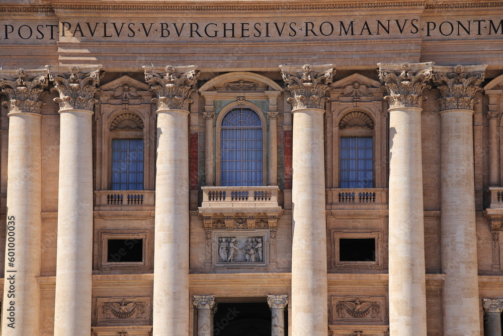 St. Peter's Basilica Facade Close Up with Columns and Balcony in Rome, Italy
