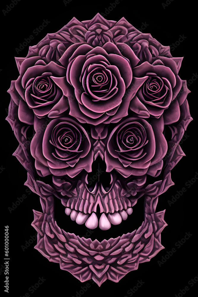 ai-generated illustration of a skull and pink roses intertwined ai-generated illustration of a skull and pink roses intertwined