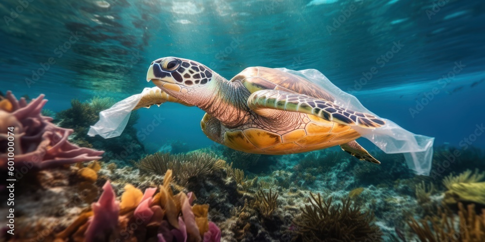 Fototapeta premium Sea turtle trapped in a plastic bag, Stop ocean plastic pollution concept. Generative AI