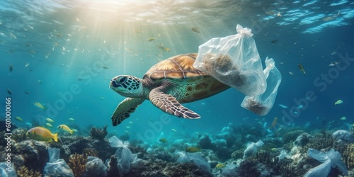 Sea turtle trapped in a plastic bag, Stop ocean plastic pollution concept. Generative AI