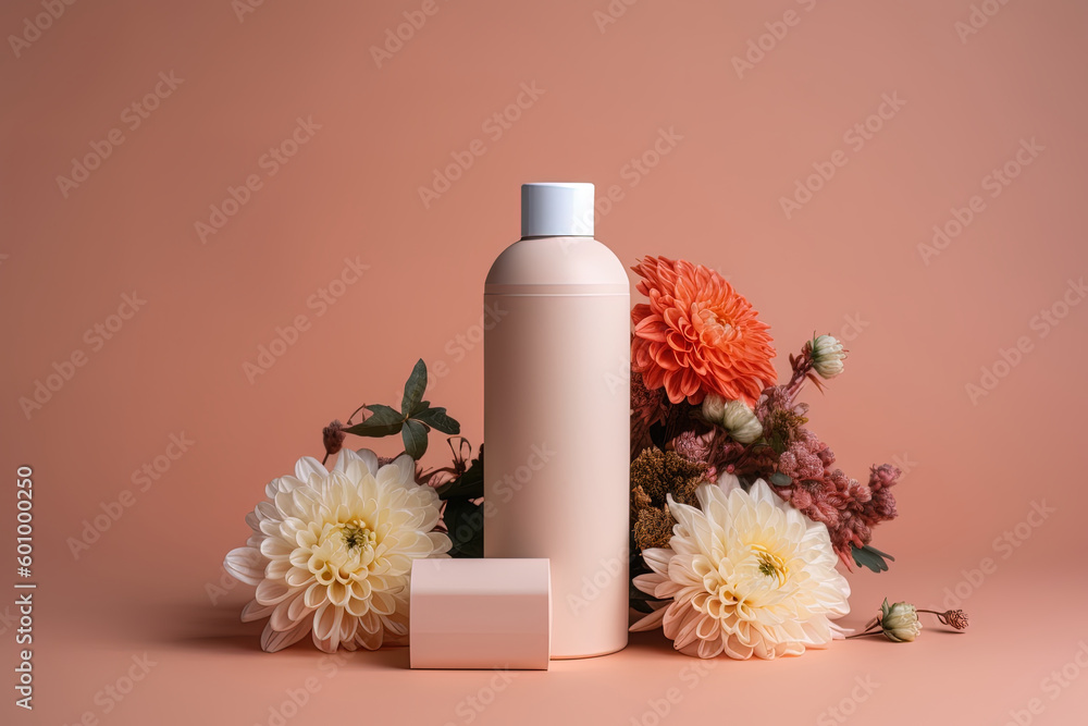 Mock-up with plastic bottle, flowers and gradient background Mock-up with plastic bottle, flowers and gradient background