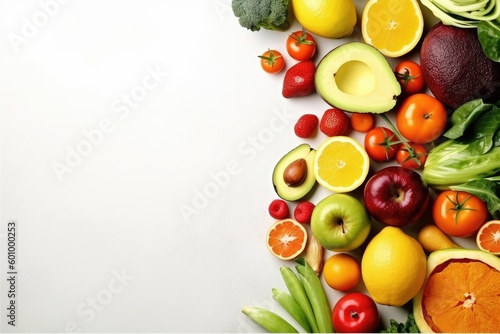 Assorted healthy food with fruit and vegetable on white background with copy space  Generative AI