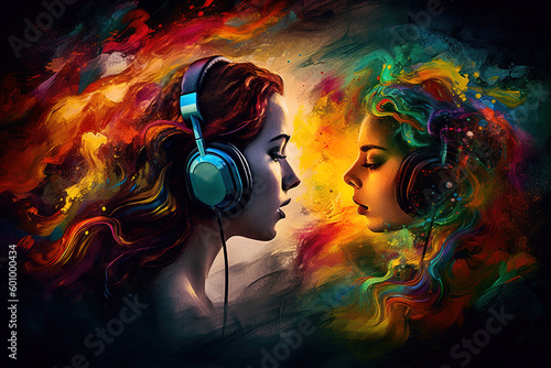 Picture painted with young women wearing headphones and listening to music. World Music Day concept