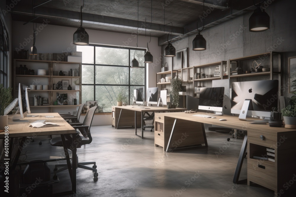 Loft-style office, large modern computers, office tables and chairs, light concrete walls and large panoramic windows. Generative AI Loft-style office, large modern computers, office tables and chairs, light concrete walls and large panoramic windows. Generative AI