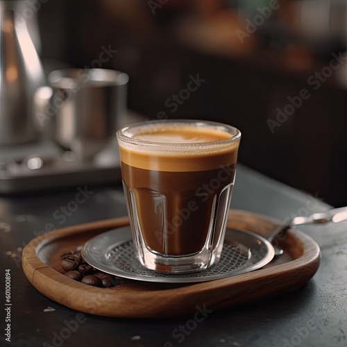 Generative AI image of glass of aromatic double espresso with froth served on wooden tray with scattered coffee beans in cafe