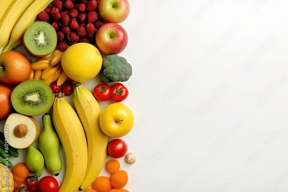 Assorted healthy food with fruit and vegetable on white background with copy space, Generative AI Assorted healthy food with fruit and vegetable on white background with copy space, Generative AI