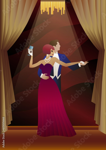 man and woman dancing against wallpaper and curtains, party, art deco, couple dressed in retro style