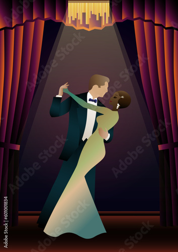 man and woman dancing against wallpaper and curtains, party, art deco, couple dressed in retro style