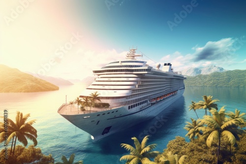 Cruise ship with swimming pool, in the port with palm trees with beautiful sunlight. Generative AI