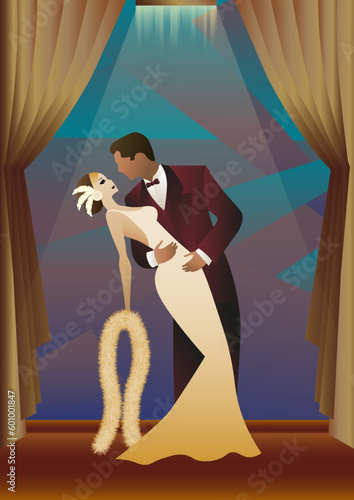 man and woman dancing against wallpaper and curtains, party, art deco, couple dressed in retro style