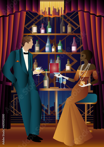 Lady and gentleman in vintage dresses on the background of shelves with alcohol. Vintage art deco style invitation template design for drink list, bar menu, glamorous event, themed wedding, jazz party
