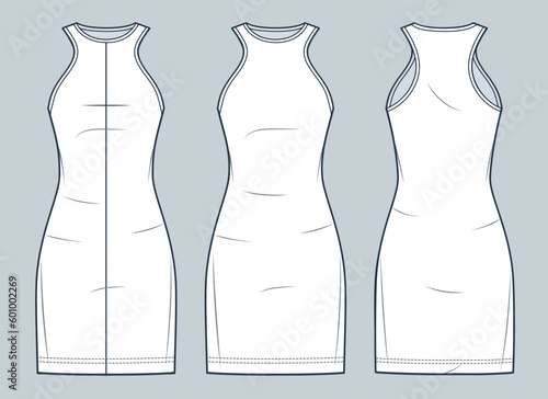 Tank Top mini Dress technical fashion illustration. Women's jersey Dress fashion flat technical drawing template, crew neckline, front and back view, white color, women CAD mockup set.