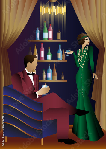 Lady and gentleman in vintage dresses on the background of shelves with alcohol. Vintage art deco style invitation template design for drink list, bar menu, glamorous event, themed wedding, jazz party