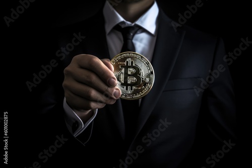 Businessman holding a bitcoin. Generative ai composite.