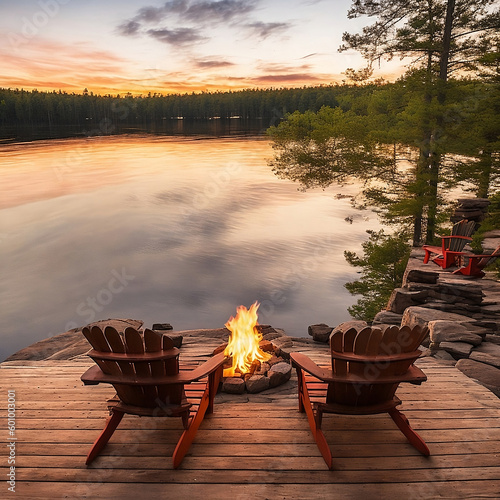 Flames Going Off on a Fire Pit on a cottage dock at sunset with sunlight reflected on the Serene Lake and two chairs sitting by the fire, Kenora, Ontario, Canada | Generative AI photo