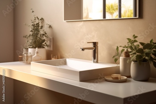sunlight counter house sink wall interior bathroom faucet modern luxury design. Generative AI.