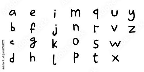 Childlike black english latin abc alphabet font A to Z. Vector illustration in hand drawn doodle style isolated on white background. For logo, decorating, card, learning, typography, kids book.