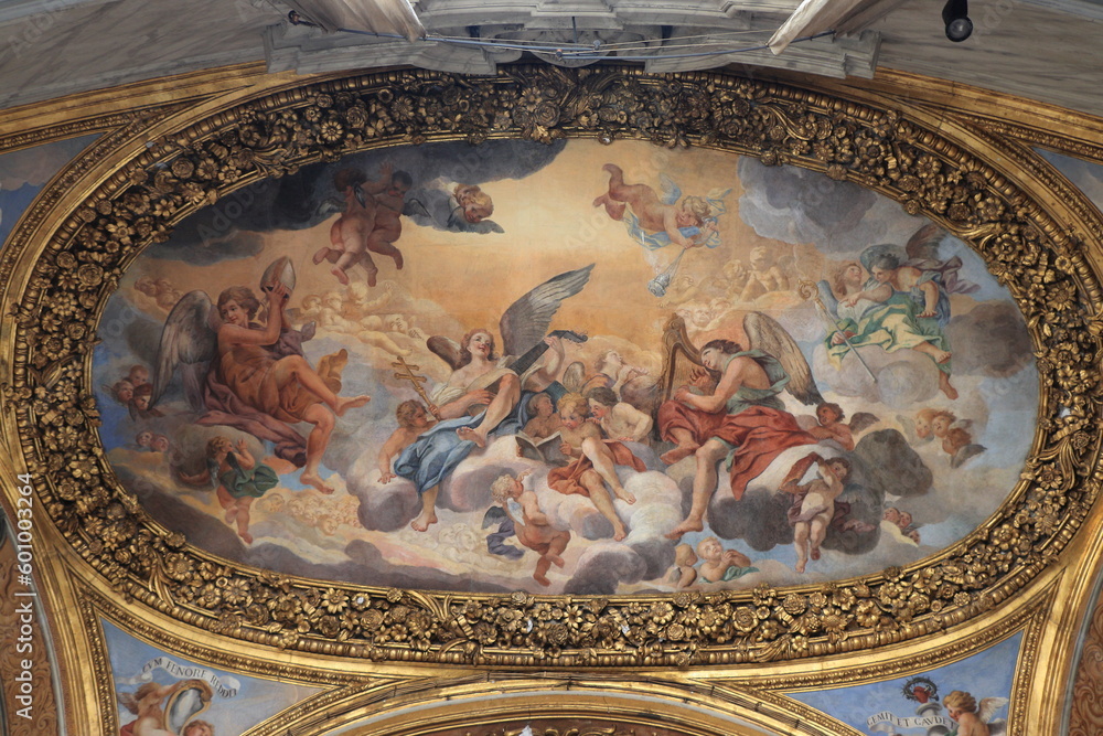 Santi Ambrogio e Carlo al Corso Basilica Ceiling Fresco with Oval Golden Stucco Frame in Rome, Italy