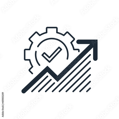 Gear with a tick and graph up arrow. Effective technologies. Modernization process. Vector linear icon isolated on white background.