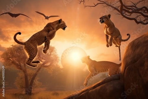 African cougar in a jump on the hunt on Africa Day against the backdrop of the rising sun. AI generated.
