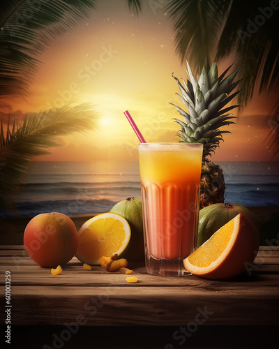 Tropical Cocktails with Fresh Fruits on a Stunning Beach Paradise with Generative AI