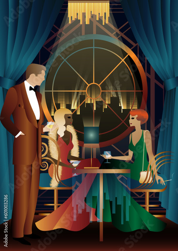 Lady and gentleman in vintage dresses on the background of window. alcohol. Vintage art deco style invitation template design for drink list, bar menu, glamorous event, themed wedding, jazz party