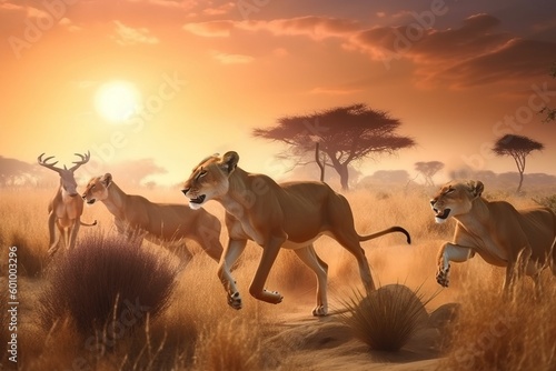 A group of lionesses run hunting on Africa day in nature against the backdrop of the rising sun. AI generated.