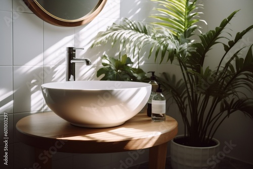bathroom leaf clean green interior home white simple sink design tropical. Generative AI.