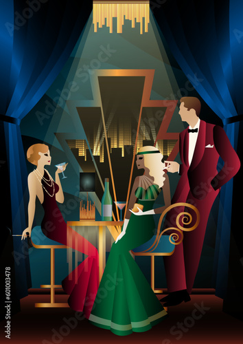 Lady and gentleman in vintage dresses on the background of window. alcohol. Vintage art deco style invitation template design for drink list, bar menu, glamorous event, themed wedding, jazz party