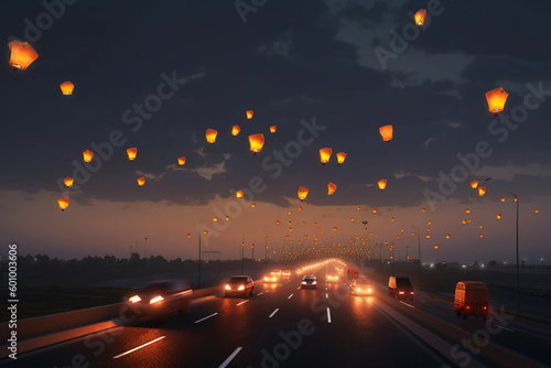 Chinese lanterns of illumination flying across the night sky over the road. AI generated. photo