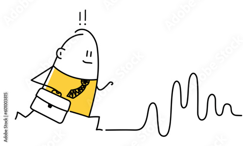 Stick figure, businessman run, rough road ahead, risk and uncertain.