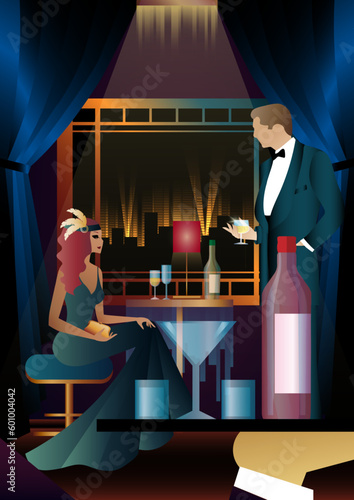 Lady and gentleman in vintage dresses on the background of window. alcohol. Vintage art deco style invitation template design for drink list, bar menu, glamorous event, themed wedding, jazz party