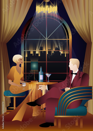 Lady and gentleman in vintage dresses on the background of window. alcohol. Vintage art deco style invitation template design for drink list, bar menu, glamorous event, themed wedding, jazz party