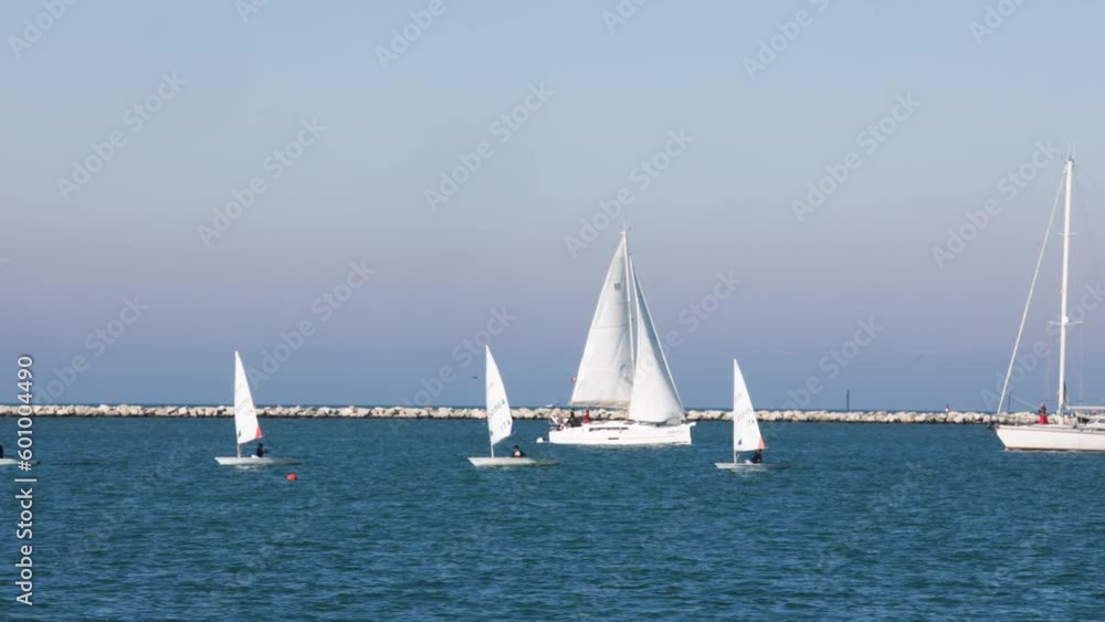 Dinghy small sailboat regatta competition on windy sea, watersport team club Dinghy small sailboat regatta competition on windy sea, watersport team club