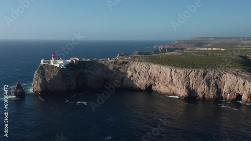 Cape Saint Vincent cliffs and lighthouse drone panning shot