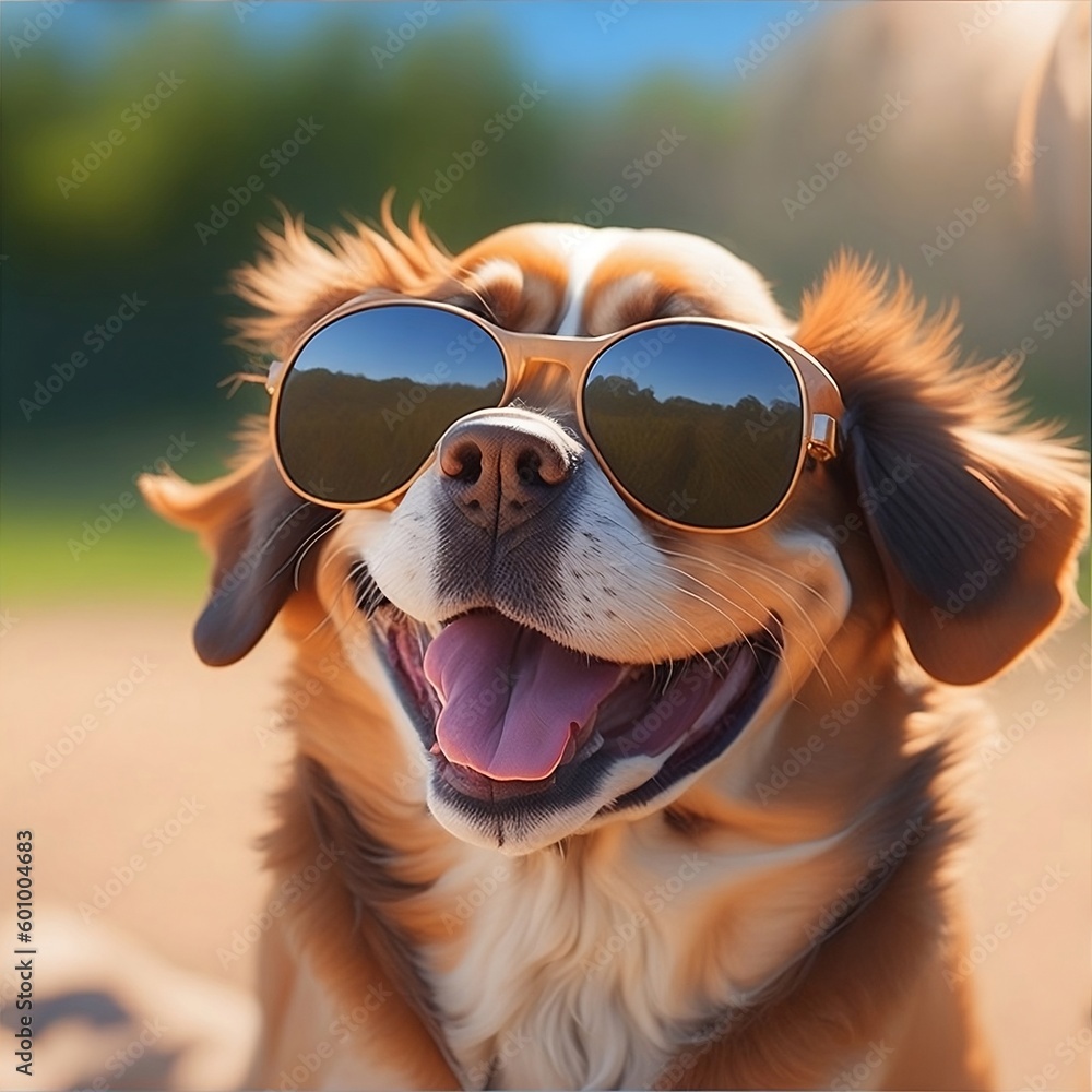 Portrait of a smiling dog with sunglasses