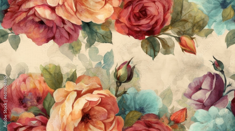 Vintage watercolour rose background. Generative ai composite.