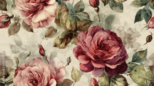 Fototapeta Naklejka Na Ścianę i Meble -  Vintage watercolour rose pattern. Generative ai composite.