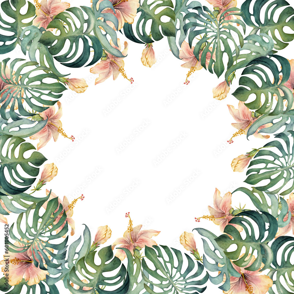 Hand drawn watercolor exotic monstera leaves and hibiscus flowers ...