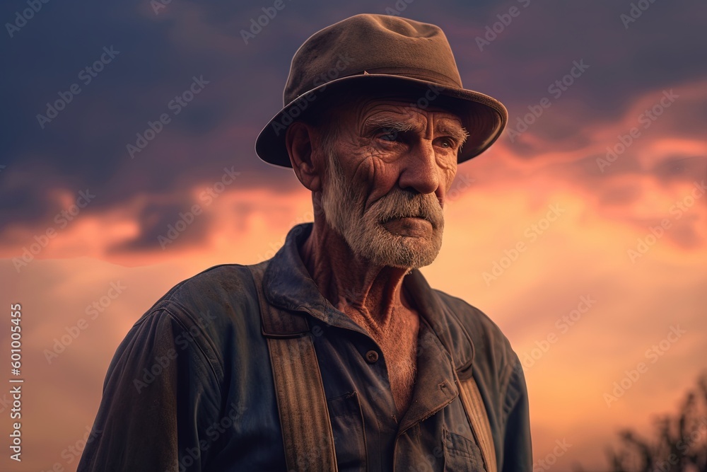cowboy farmer staring out at the sunset photorealistic portraiture