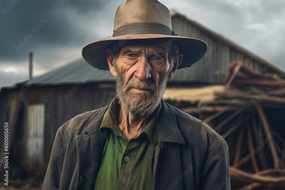 cowboy farmer staring out at the sunset photorealistic portraiture