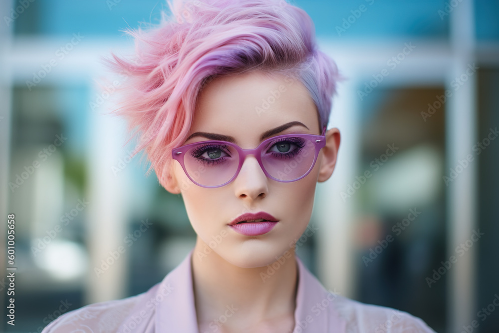 Portrait of woman with short violet hair and sunglasses. Styling. generate by ai Portrait of woman with short violet hair and sunglasses. Styling. generate by ai
